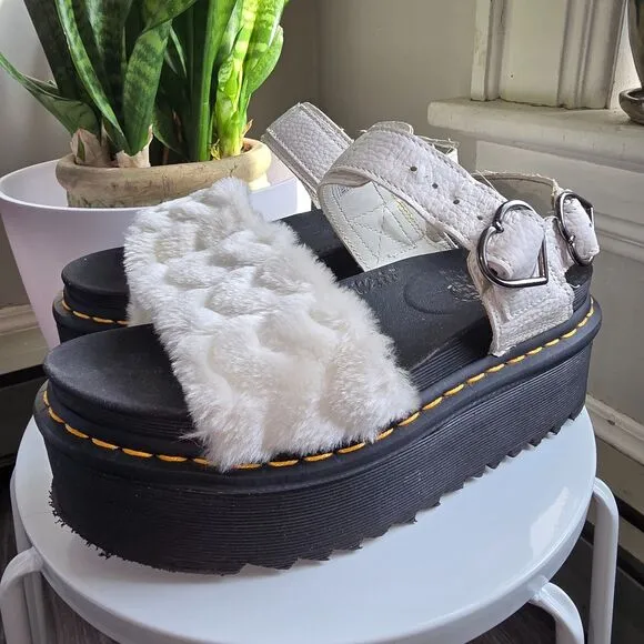 Dr. Martens Voss QUAD Fluffy Hearts Leather Sandals Platform Faux Fur Size 7 Y2K