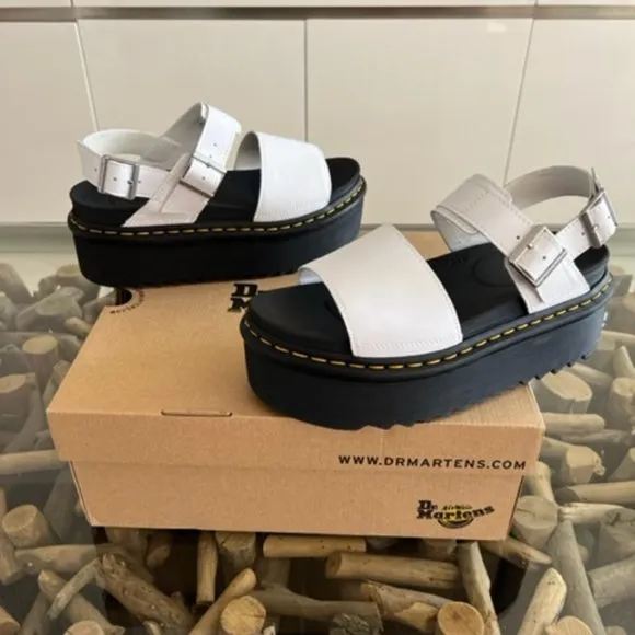 DR MARTENS Voss Quad White Hydro Leather Platform Sandals