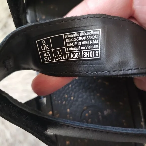 Dr. Martens Ricki 3-Strap Women's Leather Platform Sandals Black Size 11 NEW