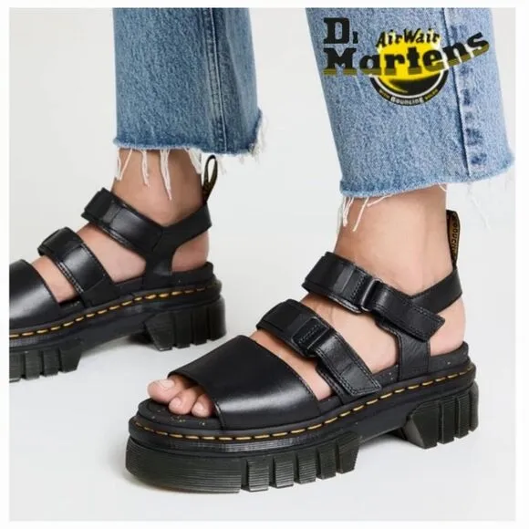 Dr. Martens Ricki 3-Strap Women's Leather Platform Sandals Black Size 11 NEW