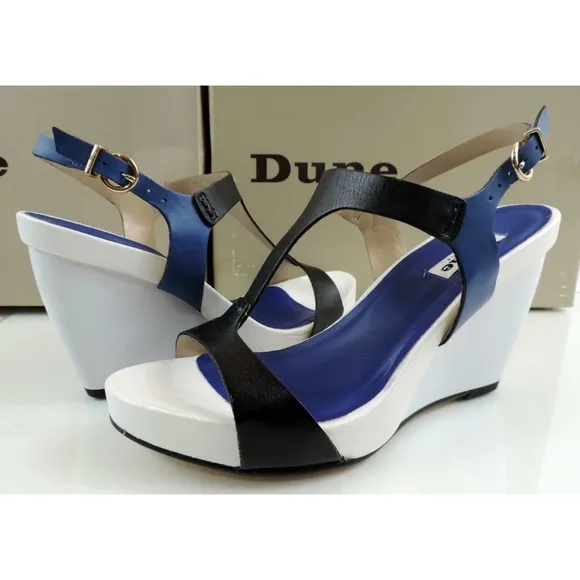 Dune London Giselle Leather T-Strap Wedge Sandals Blue Size 8 EU 38