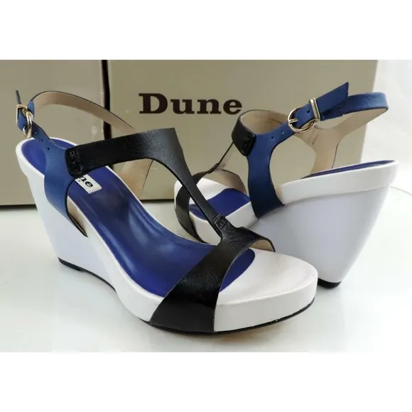 Dune London Giselle Leather T-Strap Wedge Sandals Blue Size 8 EU 38
