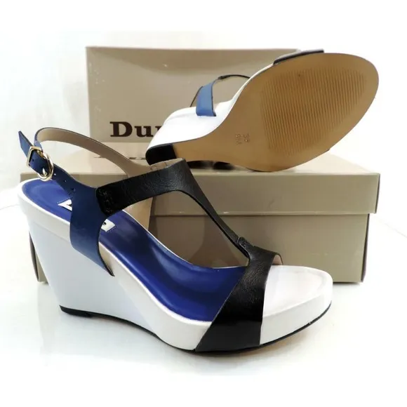 Dune London Giselle Leather T-Strap Wedge Sandals Blue Size 8 EU 38