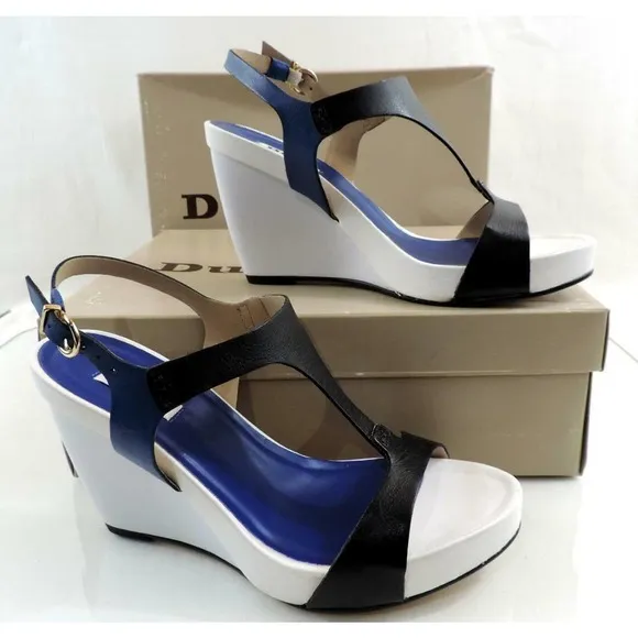 Dune London Giselle Leather T-Strap Wedge Sandals Blue Size 8 EU 38