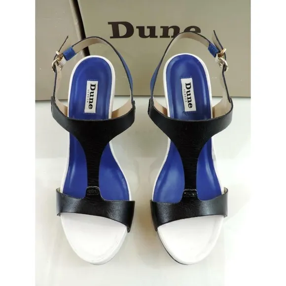 Dune London Giselle Leather T-Strap Wedge Sandals Blue Size 8 EU 38