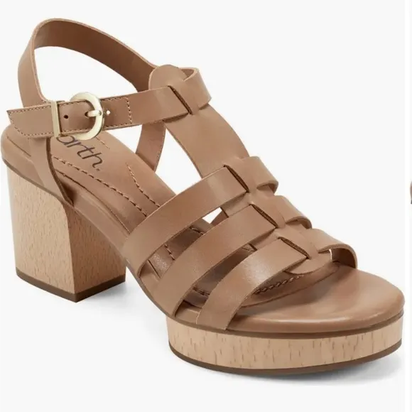 Earth Women's Tan Leather strappy platform block heal Sandals