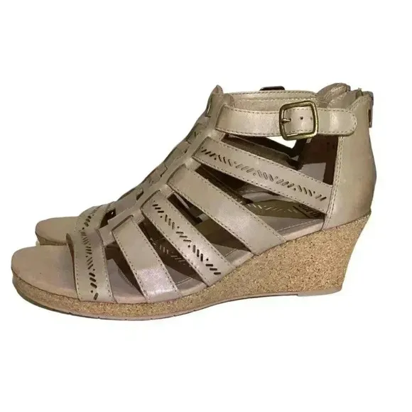 Earth Woodland Sunny Womens 9 40 Strappy Wedge Sandals Beige Leather NEW