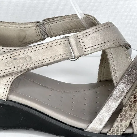 Ecco Felicia Sandals Low Wedge Strappy Gray/ Silver Hook &amp; Loop‎ Closure Sz 37