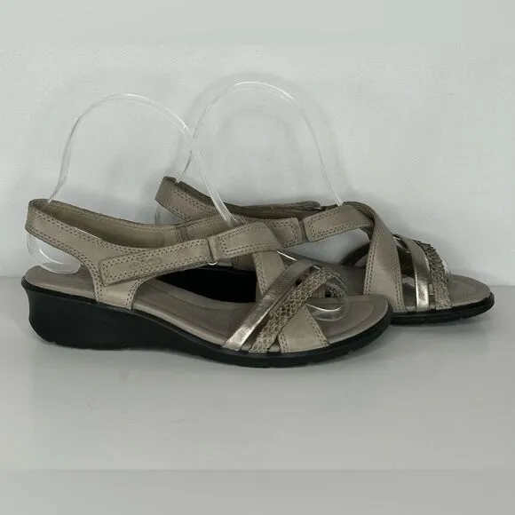 Ecco Felicia Sandals Low Wedge Strappy Gray/ Silver Hook &amp; Loop‎ Closure Sz 37