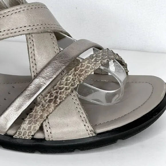 Ecco Felicia Sandals Low Wedge Strappy Gray/ Silver Hook &amp; Loop‎ Closure Sz 37