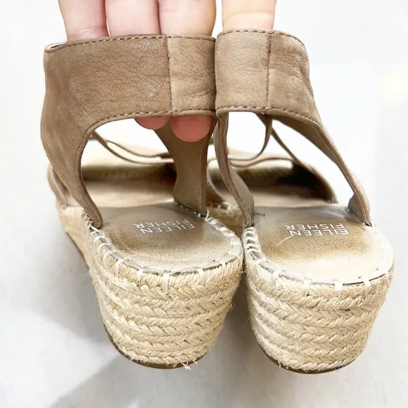 EILEEN Fisher Agnes Espadrille Wedge Sandals Beige Leather Size 7 Open Toe