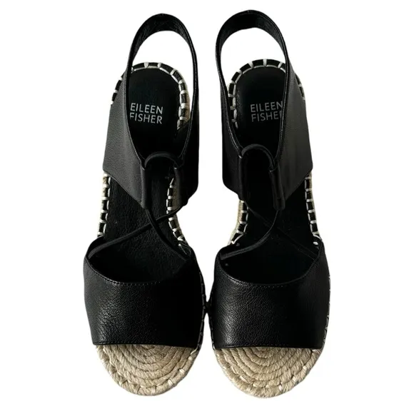 Eileen Fisher Agnes Espadrille Wedge Slip On Sandals in Black Leather | 6.5