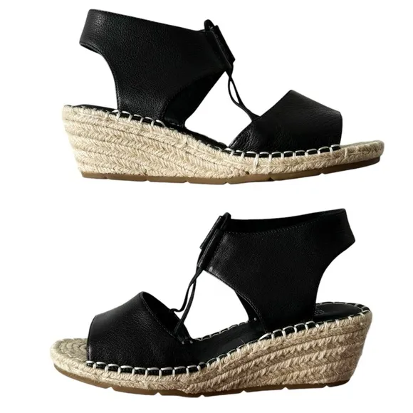 Eileen Fisher Agnes Espadrille Wedge Slip On Sandals in Black Leather | 6.5