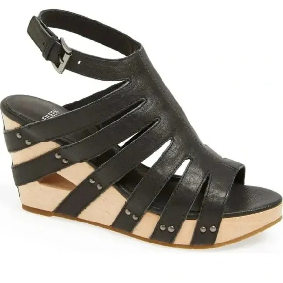 Eileen Fisher Black Lotus Cutout Wedge Sandals