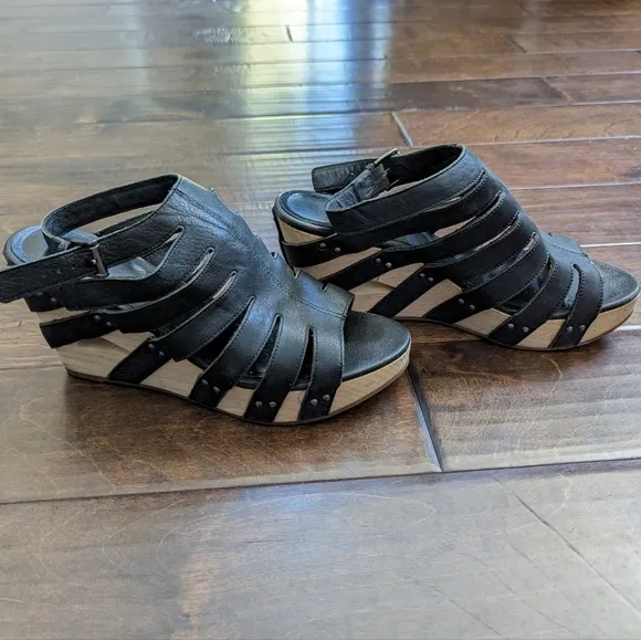 Eileen Fisher Black Lotus Cutout Wedge Sandals