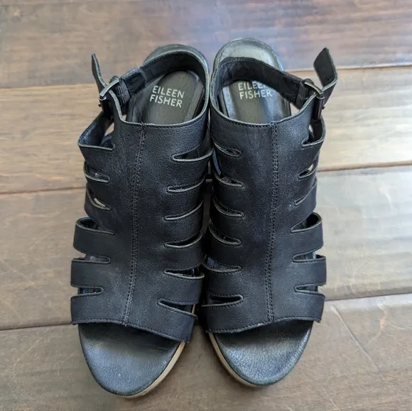 Eileen Fisher Black Lotus Cutout Wedge Sandals