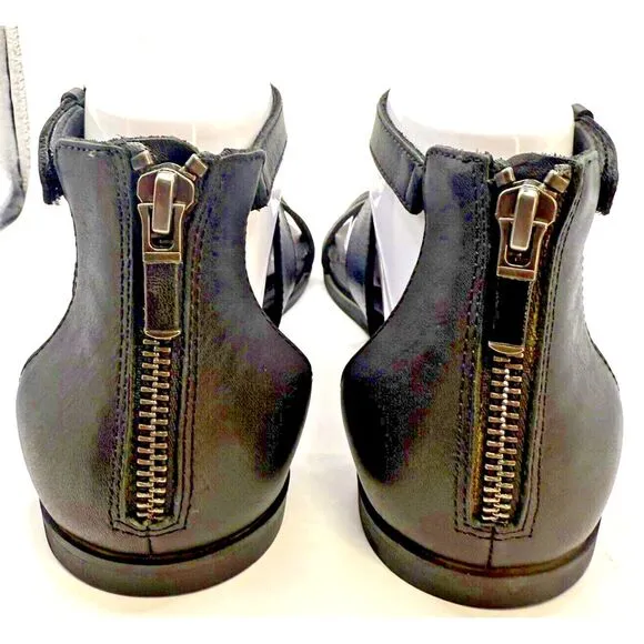 EILEEN FISHER Cici Leather Sandals 9 Black Hook And Latch Strappy Zip Back