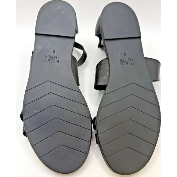 EILEEN FISHER Cici Leather Sandals 9 Black Hook And Latch Strappy Zip Back