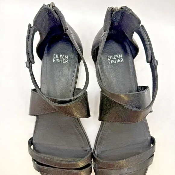 EILEEN FISHER Cici Leather Sandals 9 Black Hook And Latch Strappy Zip Back