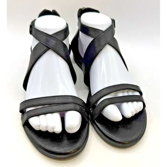 EILEEN FISHER Cici Leather Sandals 9 Black Hook And Latch Strappy Zip Back
