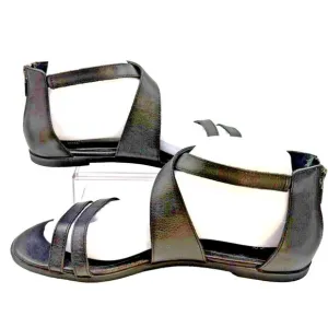 EILEEN FISHER Cici Leather Sandals 9 Black Hook And Latch Strappy Zip Back