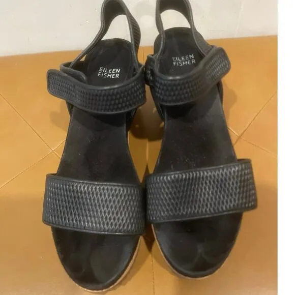Eileen Fisher Demo Black Leather Cork Wedge Platform Sandals Easy Strap Size 8.5