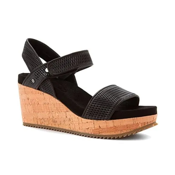 Eileen Fisher Demo Black Leather Cork Wedge Platform Sandals Easy Strap Size 8.5
