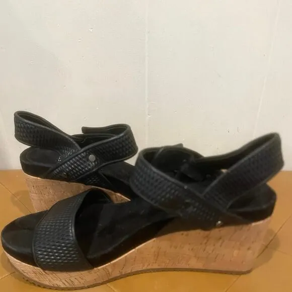 Eileen Fisher Demo Black Leather Cork Wedge Platform Sandals Easy Strap Size 8.5