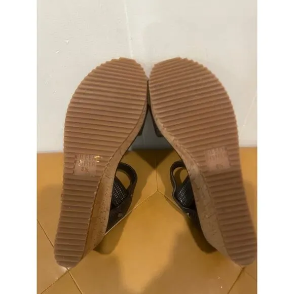 Eileen Fisher Demo Black Leather Cork Wedge Platform Sandals Easy Strap Size 8.5