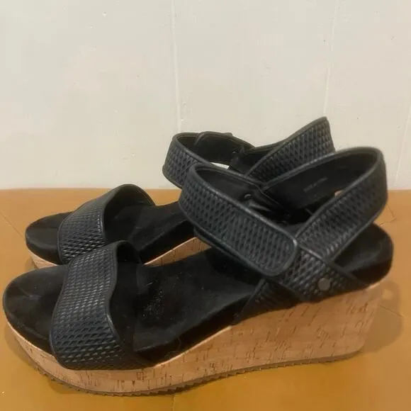 Eileen Fisher Demo Black Leather Cork Wedge Platform Sandals Easy Strap Size 8.5