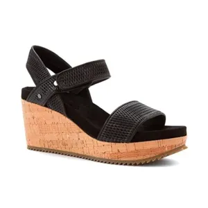 Eileen Fisher Demo Black Leather Cork Wedge Platform Sandals Easy Strap Size 8.5