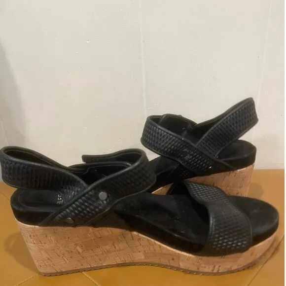 Eileen Fisher Demo Black Leather Cork Wedge Platform Sandals Easy Strap Size 8.5
