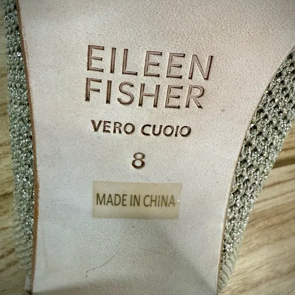Eileen Fisher Fave Stretch Gold Shimmer Fabric Block Heel Sandals
