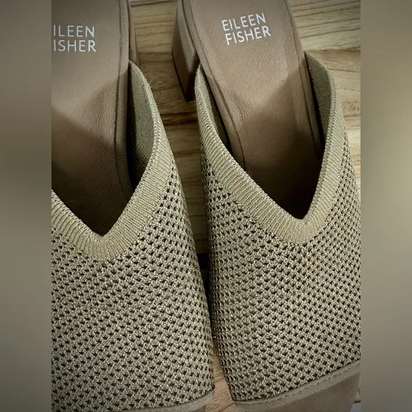 Eileen Fisher Fave Stretch Gold Shimmer Fabric Block Heel Sandals
