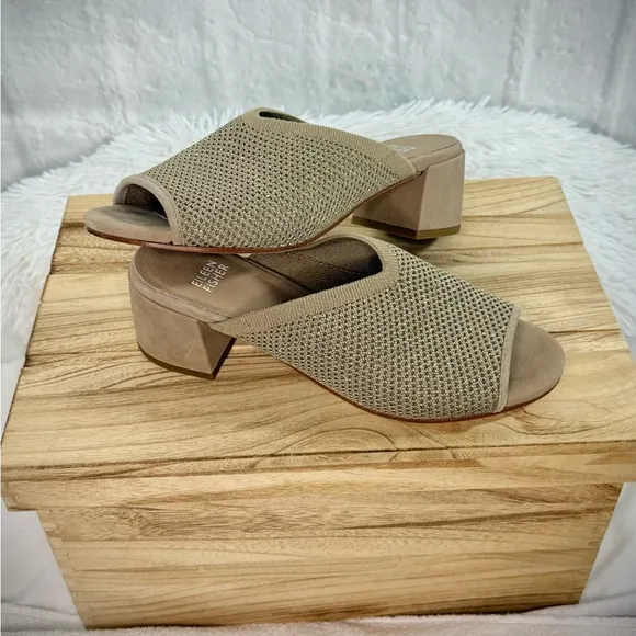 Eileen Fisher Fave Stretch Gold Shimmer Fabric Block Heel Sandals