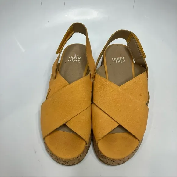 Eileen Fisher golden Nubuck Timor cork wedge Sandals size 6.5