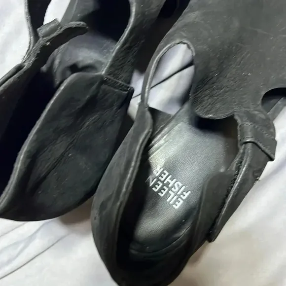 Eileen Fisher Iris Black Suede Heels Sandals Cutout Open Toe