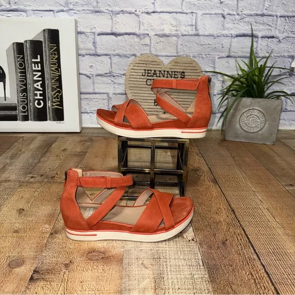 Eileen Fisher Kerby Block Heel Sandal Orange Nubuck Strap Zip US 8 MSRP $195