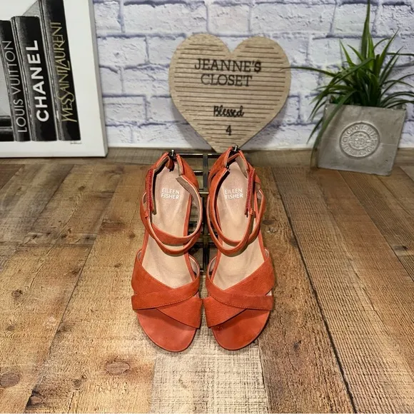 Eileen Fisher Kerby Block Heel Sandal Orange Nubuck Strap Zip US 8 MSRP $195