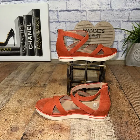 Eileen Fisher Kerby Block Heel Sandal Orange Nubuck Strap Zip US 8 MSRP $195