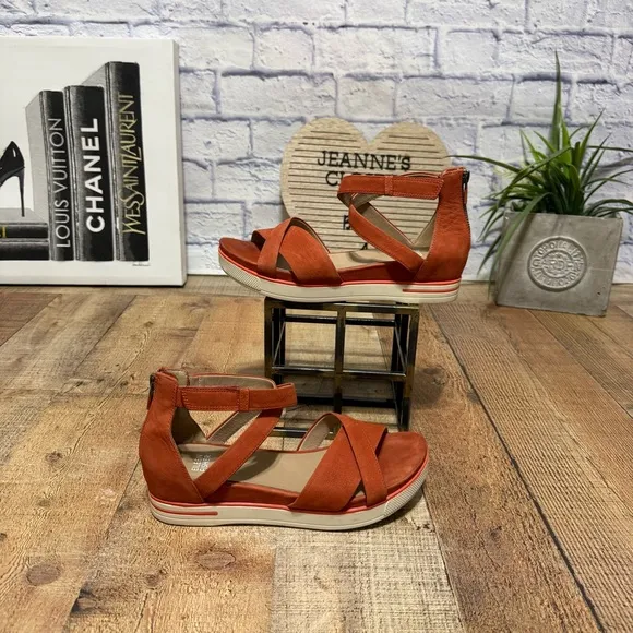 Eileen Fisher Kerby Block Heel Sandal Orange Nubuck Strap Zip US 8 MSRP $195