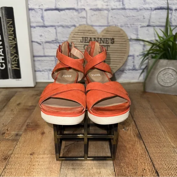Eileen Fisher Kerby Block Heel Sandal Orange Nubuck Strap Zip US 8 MSRP $195