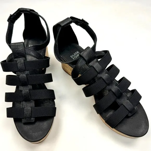Eileen Fisher Leather Gladiator Wedge Sandals‎ Women 9 NWOB Fisherman Platform
