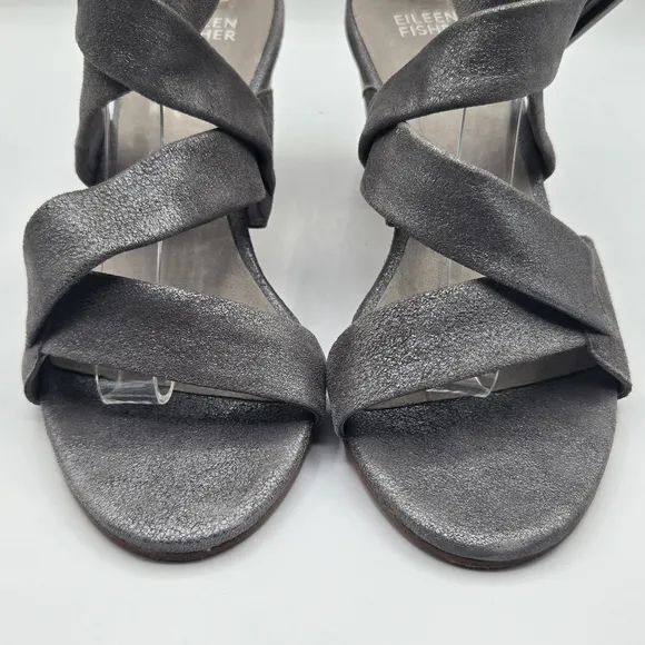 Eileen Fisher Metallic Heeled Block Heel Adjustable Ankle Strap Sandal