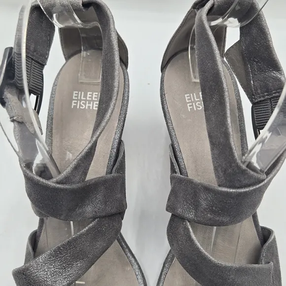 Eileen Fisher Metallic Heeled Block Heel Adjustable Ankle Strap Sandal