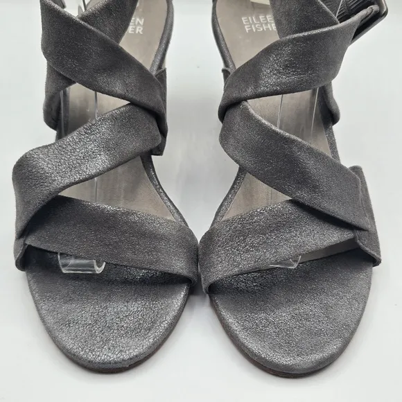 Eileen Fisher Metallic Heeled Block Heel Adjustable Ankle Strap Sandal