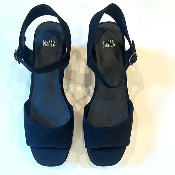 Eileen Fisher Mime Black Tumbled Nubuck Leather Platform Strappy Sandal 11 NEW