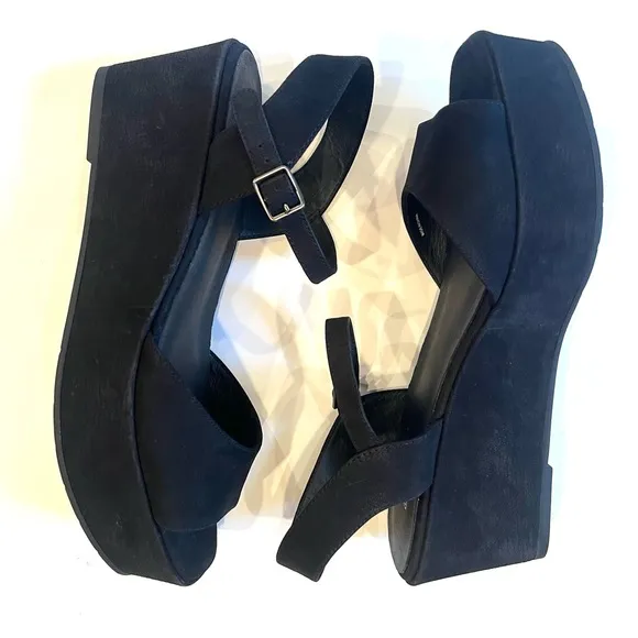 Eileen Fisher Mime Black Tumbled Nubuck Leather Platform Strappy Sandal 11 NEW