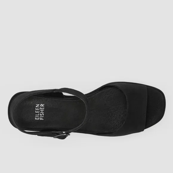 Eileen Fisher Mime Black Tumbled Nubuck Leather Platform Strappy Sandal 11 NEW