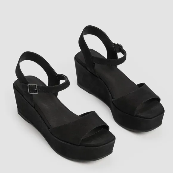 Eileen Fisher Mime Black Tumbled Nubuck Leather Platform Strappy Sandal 11 NEW